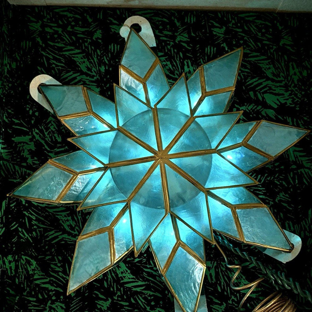 Vintage Kurt Adler Electric Tree Topper Star Stain Glass Style Plastic Blue Gold - Picture 2 of 10